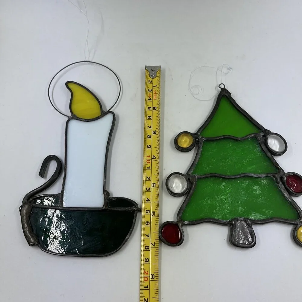 Vintage Stained‎ Glass Christmas Tree & Candle Window Hangers 6.5